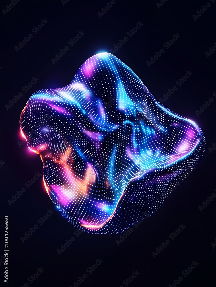 Poster abstract colorful 3d mesh shape with glowing light effects against a dark background. a minimalist p