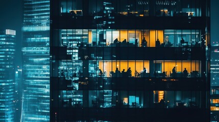 silhouettes of office workers visible through illuminated windows of modern skyscraper at night. urban scene captures late-night overtime in bustling business district.