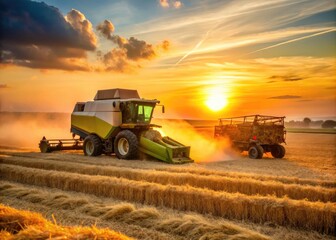 Fototapeta premium Combine Harvester Baling Wheat Straw at Sunset in Dusty Field with Bales of Pressed Straw Nearby