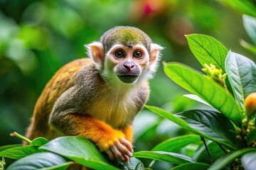 Obraz premium Common squirrel monkey foraging for food among lush green foliage in a vibrant natural habitat