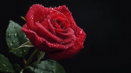 single red rose with dew drops on black background, dramatic floral photo