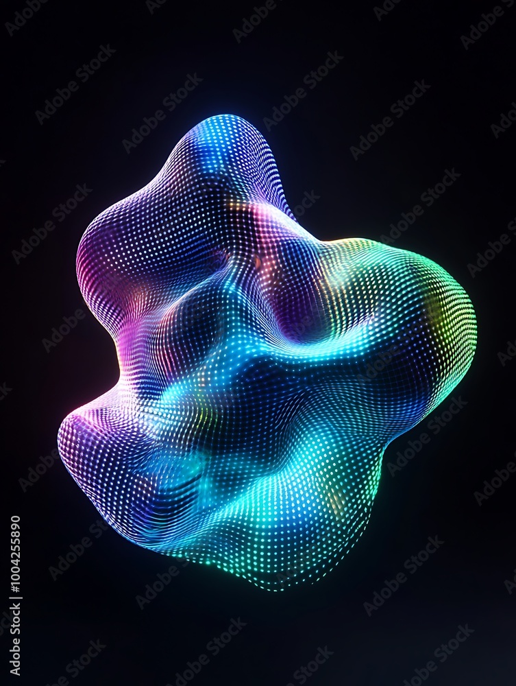 Poster abstract colorful 3d shape with dotted texture on a black background. a minimalist poster in metalli