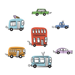 Cute cars hand drawn set, flat nice city cars  isolated on white background. Cute cartoon vector illustration. Childish city cars t shirt print, fun design, transport theme, board games, icons