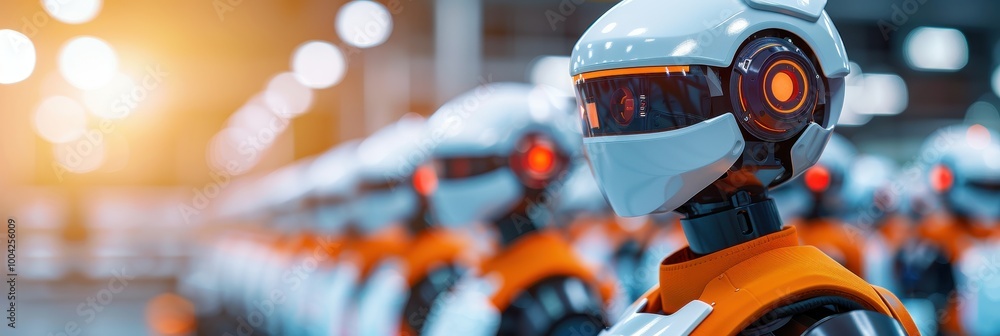 Aufkleber futuristic humanoid robots with orange details lined up in a factory environment. the robots feature