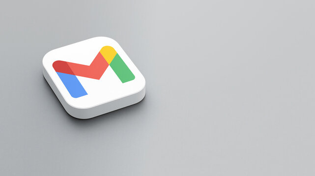 An icon of the Gmail app logo on a gray background, a white square with rounded corners, a minimalistic design, 3D rendering.	