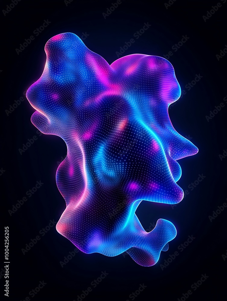 Poster abstract colorful 3d shape with glowing effects on a dark background. a minimalist poster in metalli
