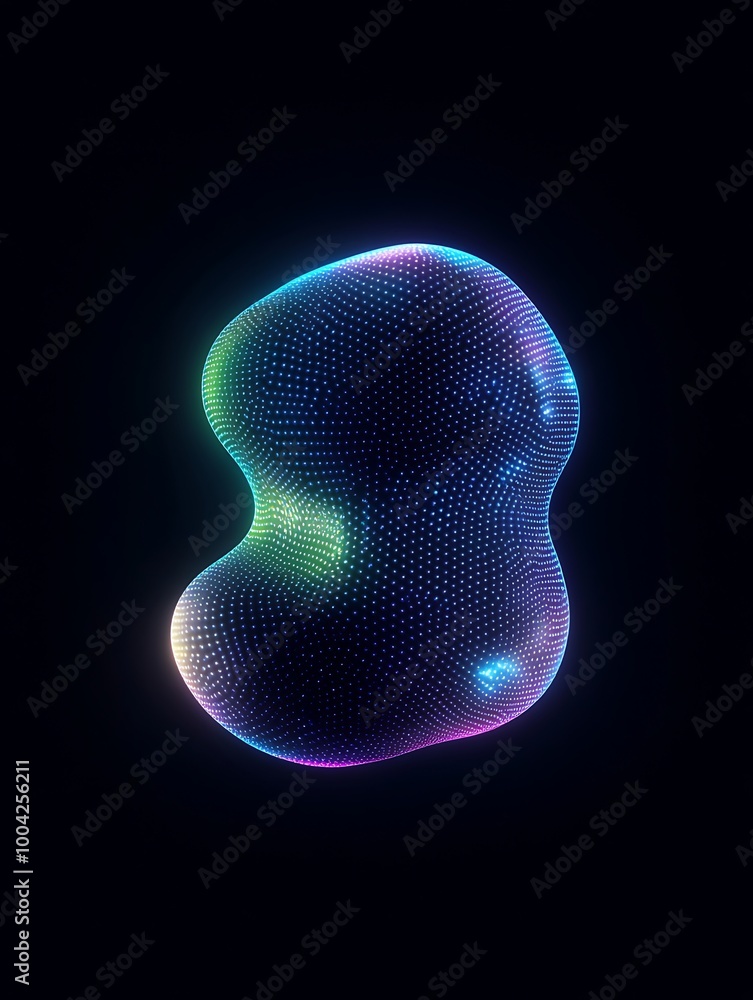 Poster abstract colorful 3d shape with glowing dots on a dark background. a minimalist poster in metallic a