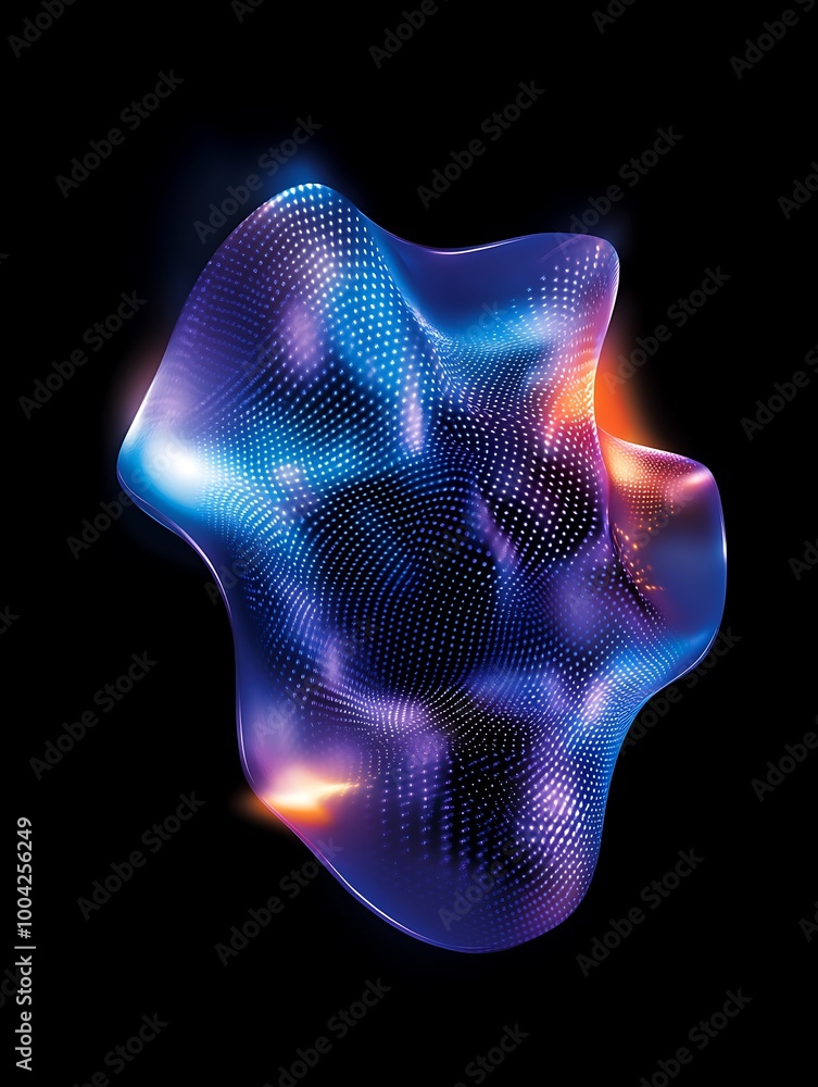 Poster abstract colorful 3d shape with light effects, on a black background. a minimalist poster in metalli