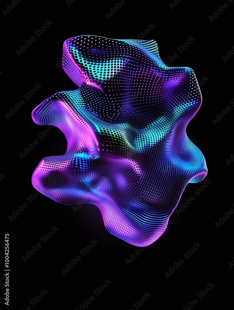 Poster abstract colorful 3d shape with vibrant hues and intricate dot patterns, isolated on a black backgro