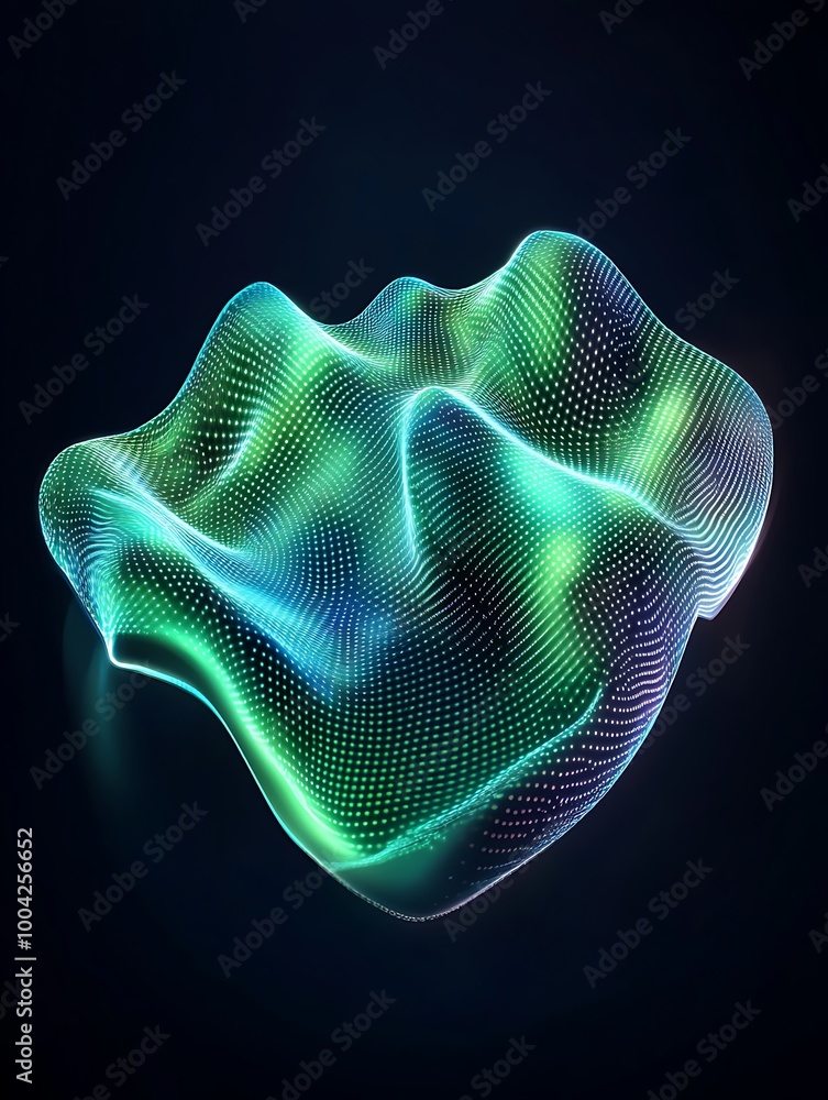 Poster abstract colorful 3d wave form with smooth curves and illuminated dots on a dark background. a minim