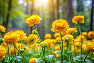 Fototapeta premium Panoramic view of yellow ranunculus flowers blooming at forest edge