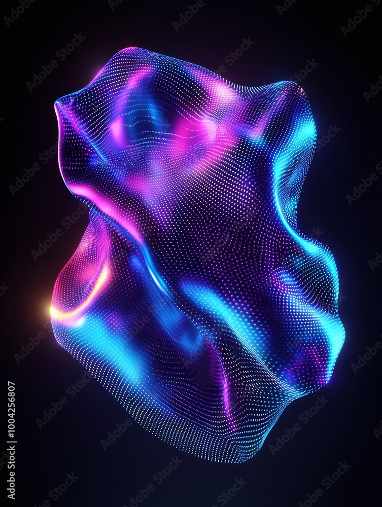 Poster abstract colorful 3d wavy shape with glowing lines on a dark background. a minimalist poster in meta