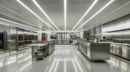 sleek commercial kitchen interior with rows of gleaming stainless steel appliances, prep stations, and storage units, bathed in cool led lighting, representing a state-of-the-art culinary workspace