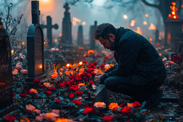 A man kneeling beside a gravestone, placing flowers and offering prayers on a quiet evening during All Souls' Day.