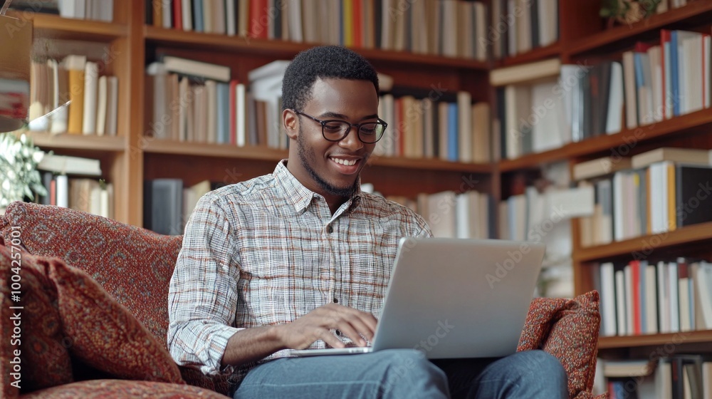 Poster a man is sitting on a couch with a laptop in front of him
