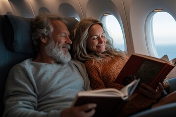 An elderly couple immerses themselves in books as they relax on a modern airplane, with ample natural light hinting at a quiet, fulfilling journey together.