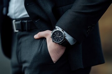 Close up of a Man Wearing a Black suite with decent watch in hand | Business man .generative ai