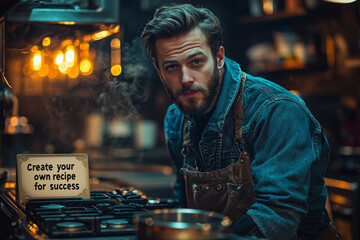 A man cooking in the kitchen, with "Create your own recipe for success" written on a recipe card beside him.