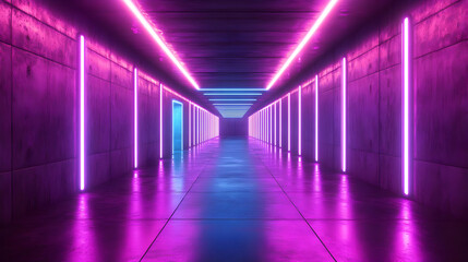Neon Lights in a Concrete Corridor - 3D Illustration