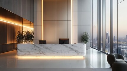 sleek hotel reception area with floating marble desk, ambient lighting, minimalist art installation, and floor-to-ceiling windows showcasing city view