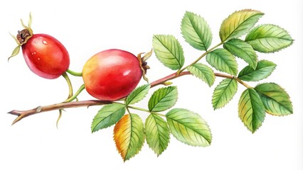 Panoramic watercolor painting of rosehip on gooseberry branch