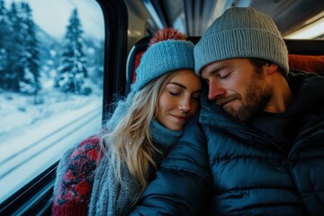 Obraz premium A couple dressed in winter clothing is seen peacefully sleeping as they rest on each other on a warm train ride through a snowy landscape, exuding comfort and love.