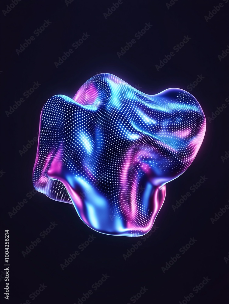 Poster abstract colorful fluid shape with glowing dots on a dark background. a minimalist poster in metalli