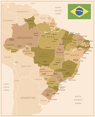 Obraz premium Brazil - detailed map of the country in brown colors, divided into regions. Vector illustration