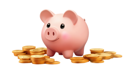 A pink piggy bank surrounded by coins, symbolizing savings and financial growth