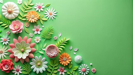 Paper cut flowers on green background with copy space silhouette