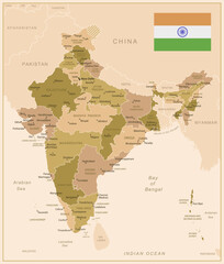 India - detailed map of the country in brown colors, divided into regions. Vector illustration