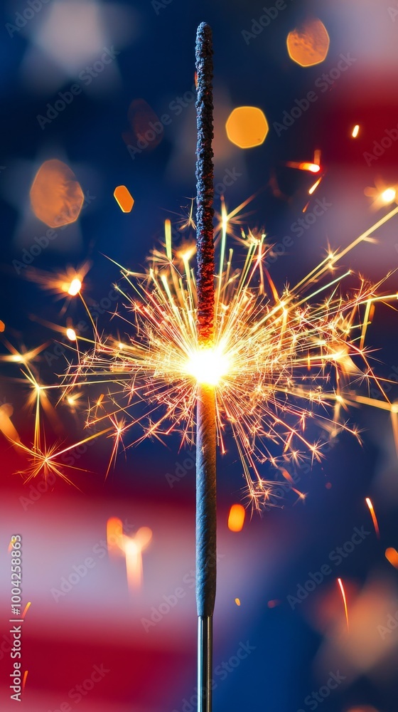 Poster sparkler with bokeh and american flag background