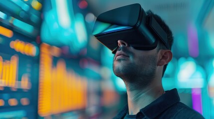 A man wearing a VR headset surrounded by digital graphs and data, representing futuristic technology, virtual analysis, and data visualization.