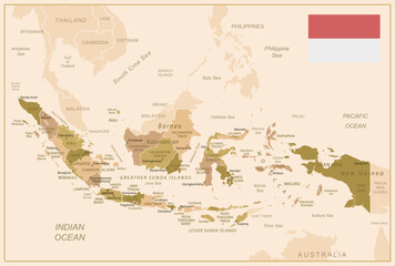 Indonesia - detailed map of the country in brown colors, divided into regions. Vector illustration
