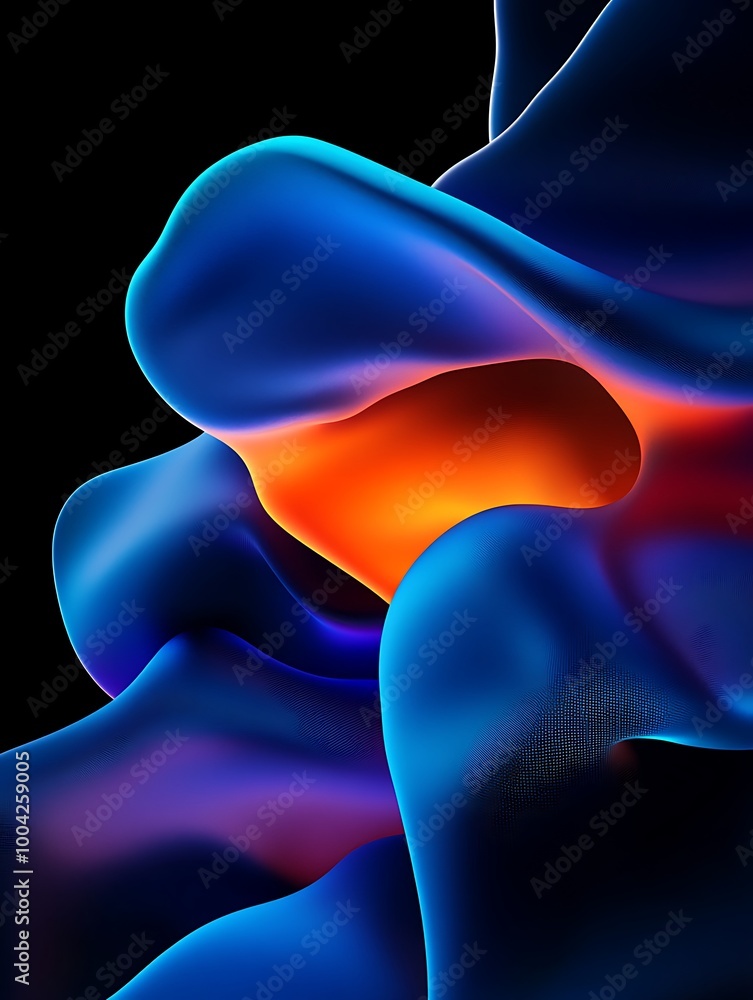 Poster abstract colorful fluid shapes with glowing elements on a black background. a minimalist poster in m