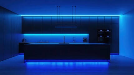 sleek, minimalist kitchen with matte black cabinets, illuminated by electric blue led strips, featuring a floating island and seamless smart appliances in a futuristic penthouse setting