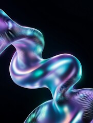 Abstract colorful fluid shapes with glowing light effects, isolated on a dark background. A minimalist poster in metallic and chrome gradient style.