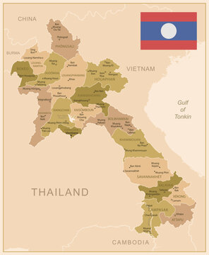 Laos - detailed map of the country in brown colors, divided into regions. Vector illustration