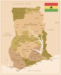 Ghana - detailed map of the country in brown colors, divided into regions. Vector illustration