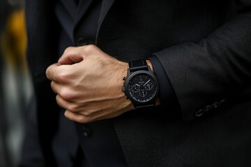Close up of a Man Wearing a Black suite with decent watch in hand | Business man .generative ai