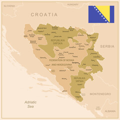 Obraz premium Bosnia and Herzegovina - detailed map of the country in brown colors, divided into regions. Vector illustration