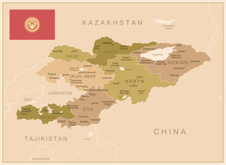 Obraz premium Kyrgyzstan - detailed map of the country in brown colors, divided into regions. Vector illustration