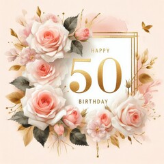 A beautiful floral birthday greeting card featuring soft pink roses and elegant gold accents.