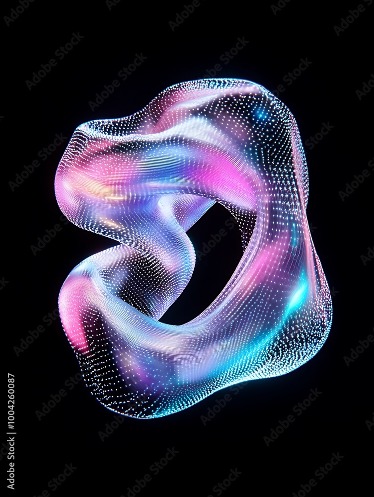 Poster abstract colorful mesh shape on a black background, creating a futuristic and digital look. a minima