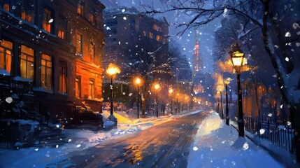 snowy city street illuminated by warm street lamps at night, peaceful winter cityscape, digital painting