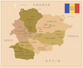 Obraz premium Andorra - detailed map of the country in brown colors, divided into regions. Vector illustration
