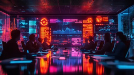 Business collaboration in a neon-lit boardroom with holographic digital charts  Futuristic  Neon  High Detail
