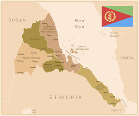 Eritrea - detailed map of the country in brown colors, divided into regions. Vector illustration