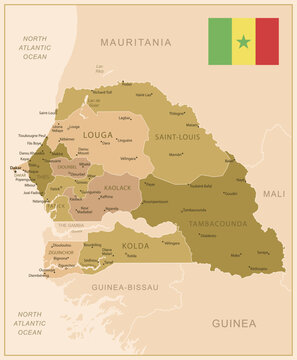 Senegal - detailed map of the country in brown colors, divided into regions. Vector illustration