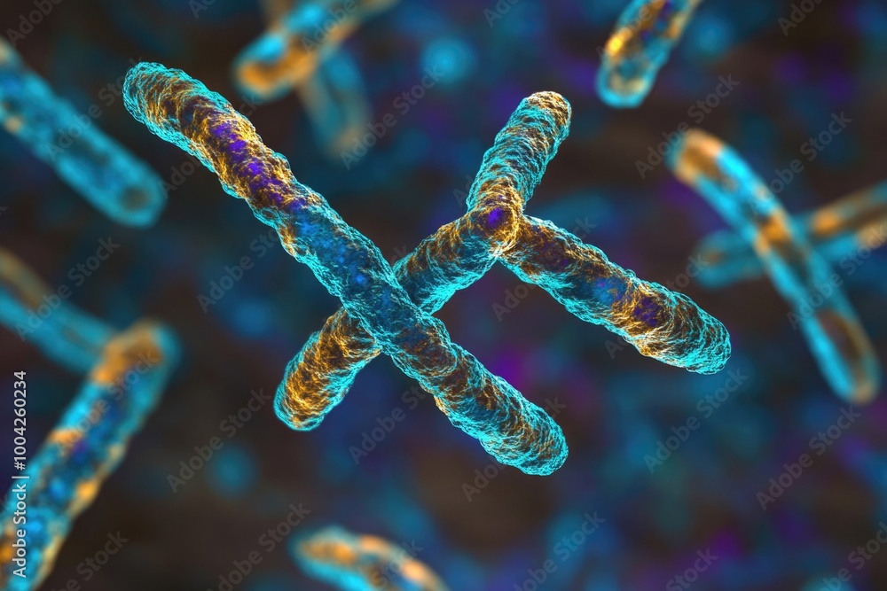 Poster 3d illustration of multiple strands of dna molecules with intricate double helix structure against a